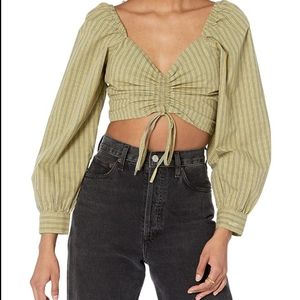 NWT Levi Green Plaid Ruched Balloon-Sleeve Crop Top